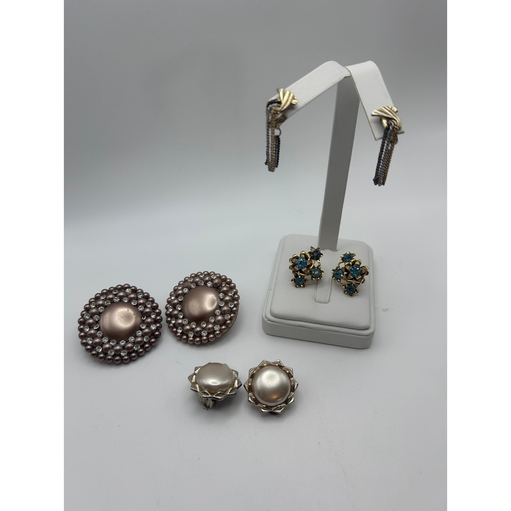 Vintage Clip On Earring Lot 4 Pairs Faux Pearl Rhinestone Blue Crystal Dangle
